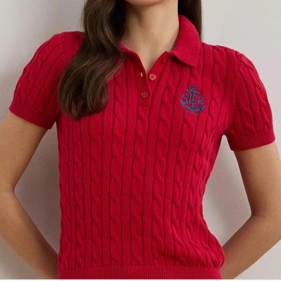 NWT Ralph Lauren Women's Anchor-Logo Cable-Knit Red Polo Sweater Size US XL - Picture 1 of 7